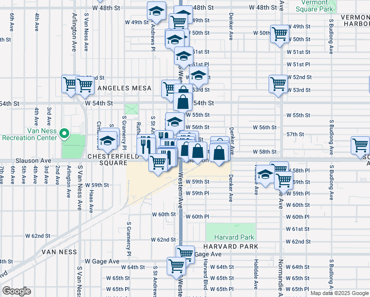 map of restaurants, bars, coffee shops, grocery stores, and more near 1731 West 58th Street in Los Angeles