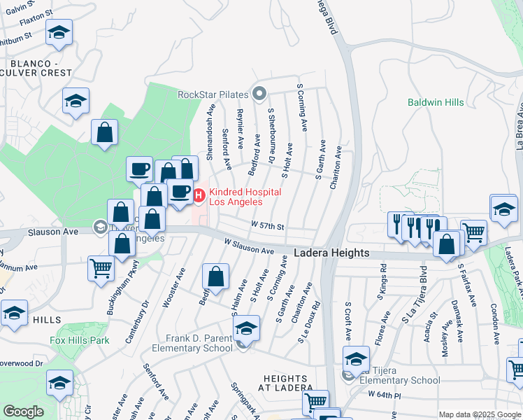 map of restaurants, bars, coffee shops, grocery stores, and more near 5625 South Holt Avenue in Los Angeles