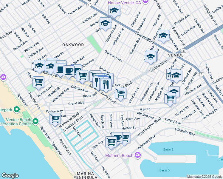 map of restaurants, bars, coffee shops, grocery stores, and more near 1629 Electric Avenue in Los Angeles