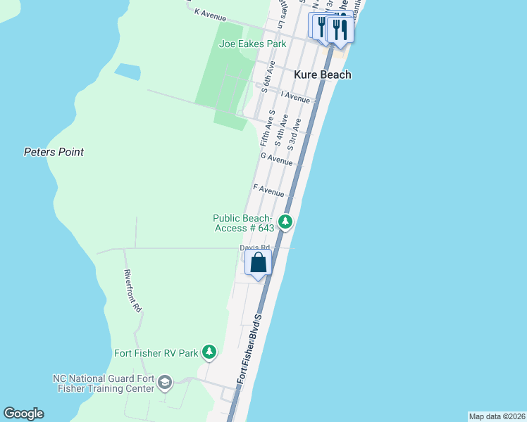 map of restaurants, bars, coffee shops, grocery stores, and more near 630 South 4th Avenue in Kure Beach