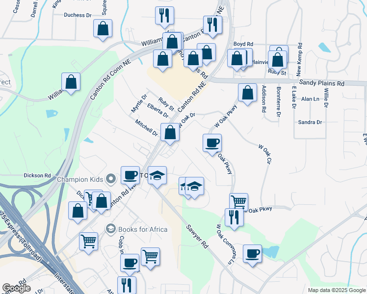 map of restaurants, bars, coffee shops, grocery stores, and more near 1598 Kings Road in Marietta