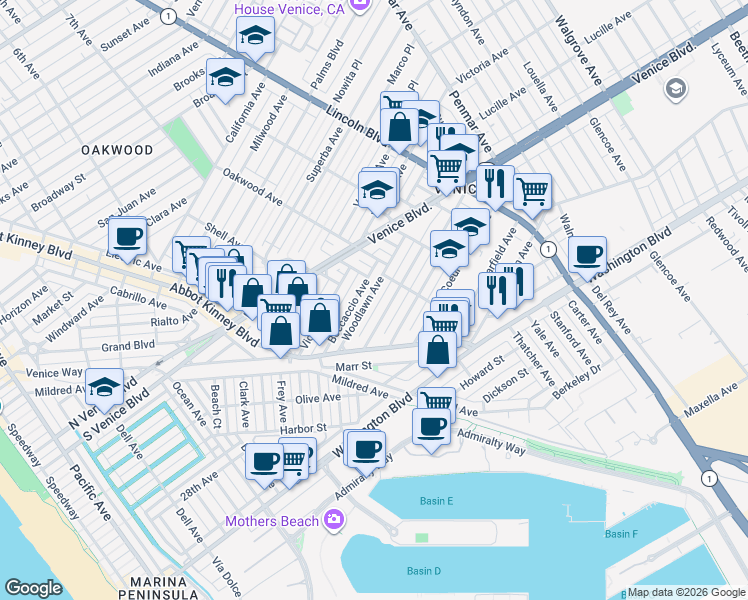 map of restaurants, bars, coffee shops, grocery stores, and more near 700 Woodlawn Avenue in Los Angeles