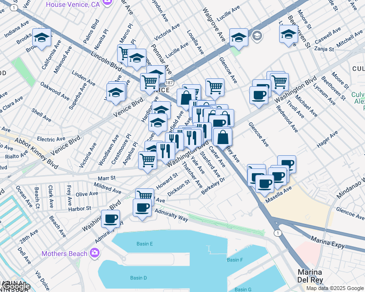 map of restaurants, bars, coffee shops, grocery stores, and more near 1051 Harrison Avenue in Los Angeles