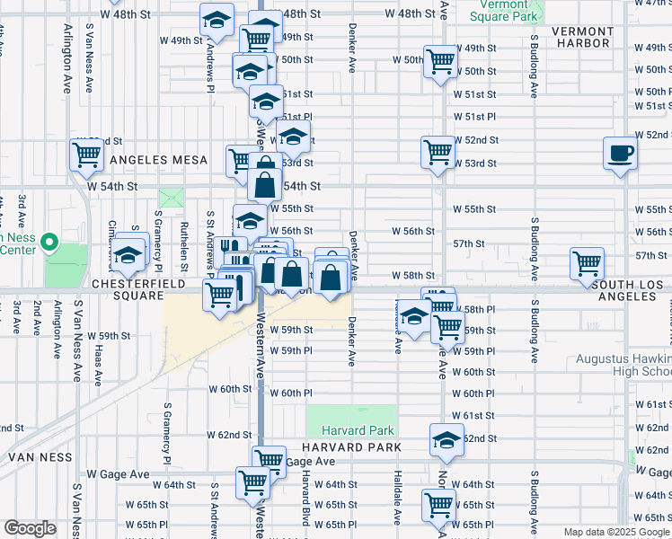 map of restaurants, bars, coffee shops, grocery stores, and more near 1611 West 58th Street in Los Angeles