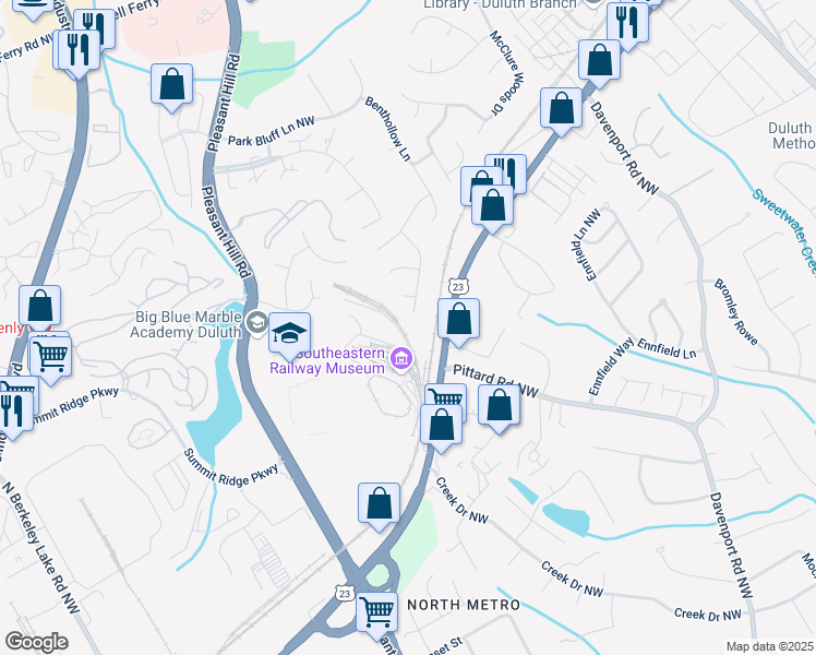map of restaurants, bars, coffee shops, grocery stores, and more near 3274 Grovewood Lane in Duluth