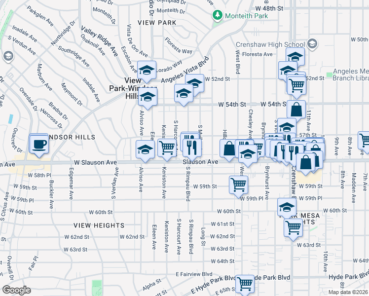 map of restaurants, bars, coffee shops, grocery stores, and more near 5728 South Rimpau Boulevard in View Park-Windsor Hills
