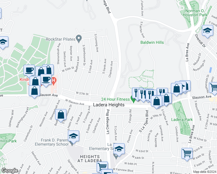 map of restaurants, bars, coffee shops, grocery stores, and more near 5604 Chariton Avenue in Los Angeles