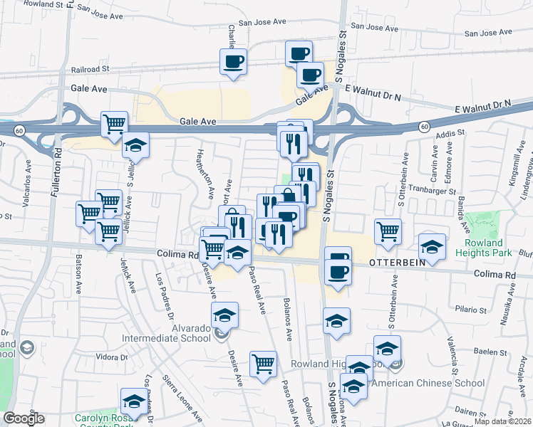 map of restaurants, bars, coffee shops, grocery stores, and more near 1440 Paso Real Avenue in Rowland Heights