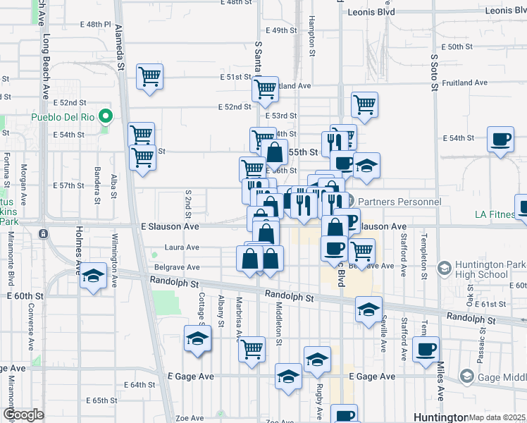 map of restaurants, bars, coffee shops, grocery stores, and more near 5800 South Santa Fe Avenue in Vernon