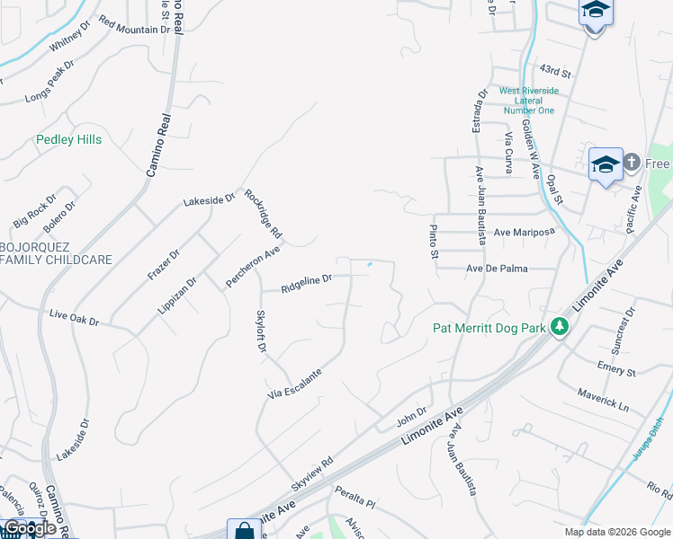 map of restaurants, bars, coffee shops, grocery stores, and more near 7165 Ridgeline Drive in Riverside