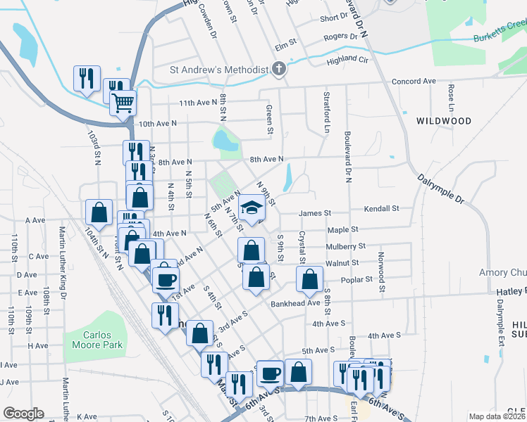 map of restaurants, bars, coffee shops, grocery stores, and more near 804 2nd Avenue North in Amory