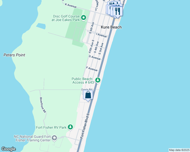 map of restaurants, bars, coffee shops, grocery stores, and more near 621 S 3rd Ave in Kure Beach