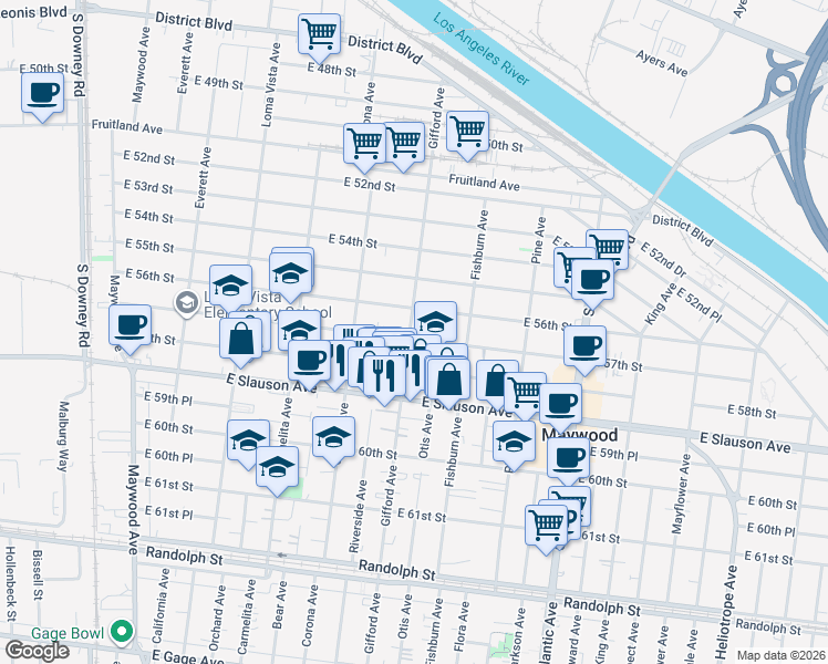 map of restaurants, bars, coffee shops, grocery stores, and more near 4101 East 57th Street in Maywood