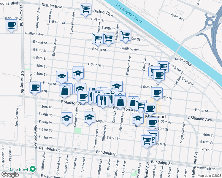 map of restaurants, bars, coffee shops, grocery stores, and more near 4045 East 57th Street in Maywood