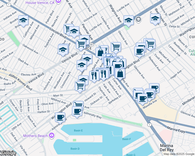 map of restaurants, bars, coffee shops, grocery stores, and more near 1051 Harrison Avenue in Los Angeles