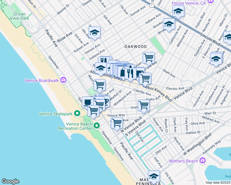 map of restaurants, bars, coffee shops, grocery stores, and more near 1317 Riviera Avenue in Los Angeles
