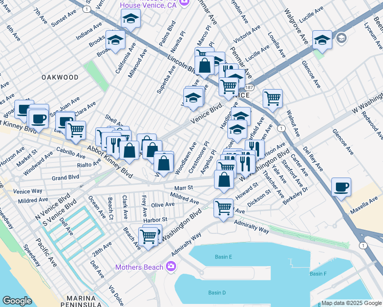 map of restaurants, bars, coffee shops, grocery stores, and more near 700 Woodlawn Avenue in Los Angeles