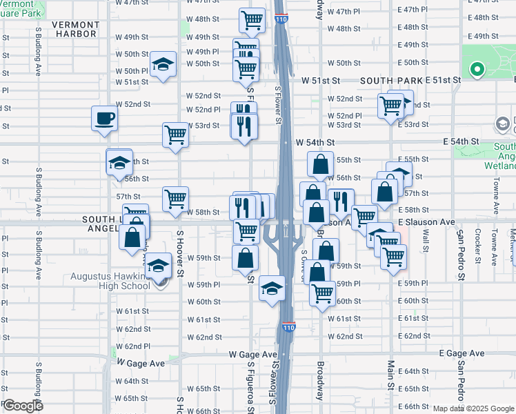 map of restaurants, bars, coffee shops, grocery stores, and more near 5716 South Figueroa Street in Los Angeles