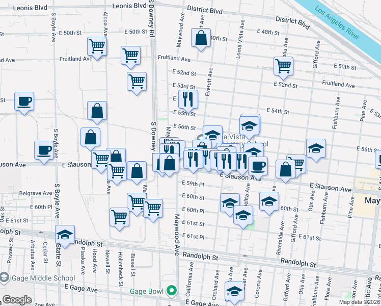 map of restaurants, bars, coffee shops, grocery stores, and more near 3553 East 58th Street in Maywood