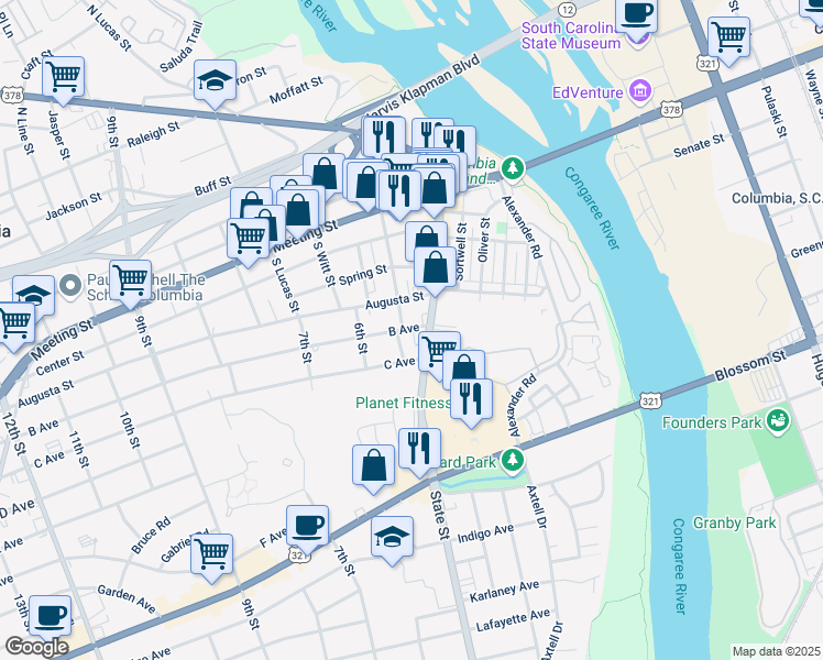 map of restaurants, bars, coffee shops, grocery stores, and more near 403 B Avenue in West Columbia