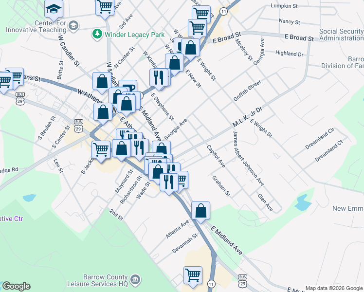 map of restaurants, bars, coffee shops, grocery stores, and more near 101 Griffith Street in Winder