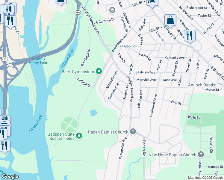map of restaurants, bars, coffee shops, grocery stores, and more near 615 Camelia Avenue in Gadsden