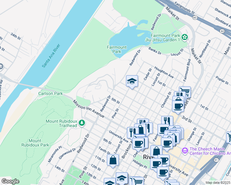 map of restaurants, bars, coffee shops, grocery stores, and more near 4478 4th Street in Riverside