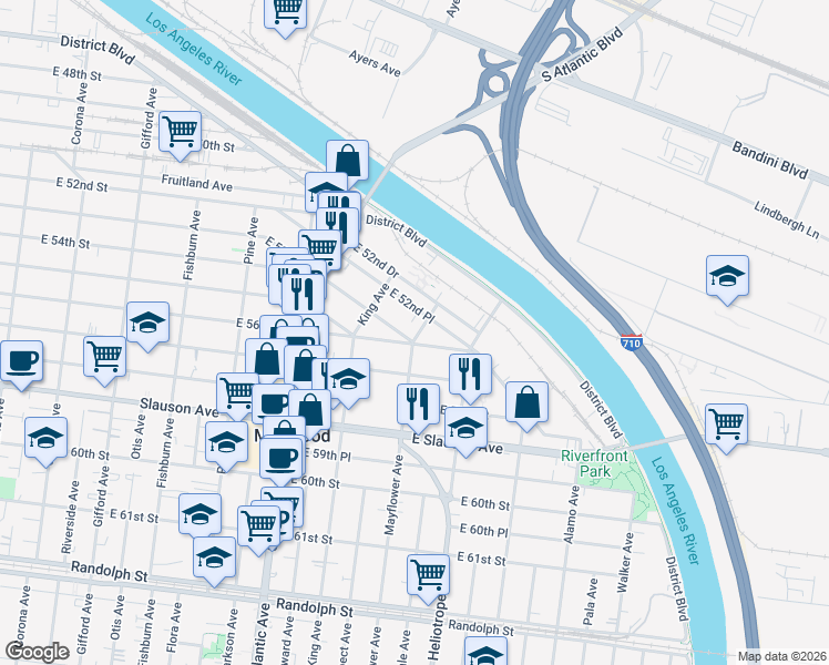 map of restaurants, bars, coffee shops, grocery stores, and more near 5265 Mayflower Ave in Maywood