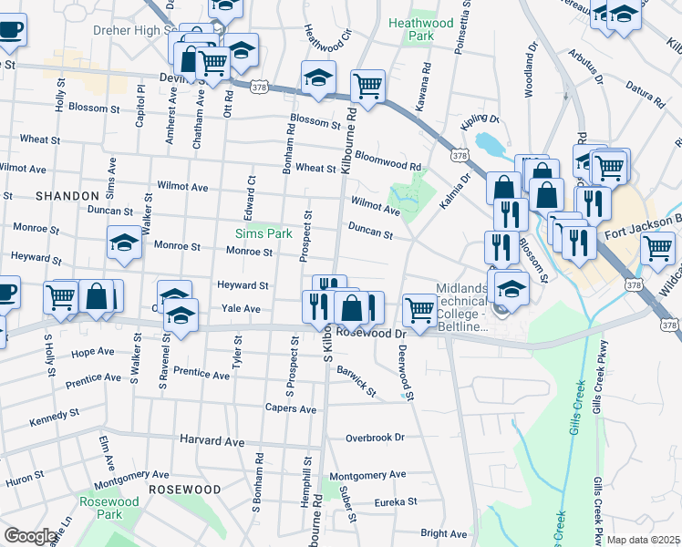 map of restaurants, bars, coffee shops, grocery stores, and more near 3801 Heyward Street in Columbia