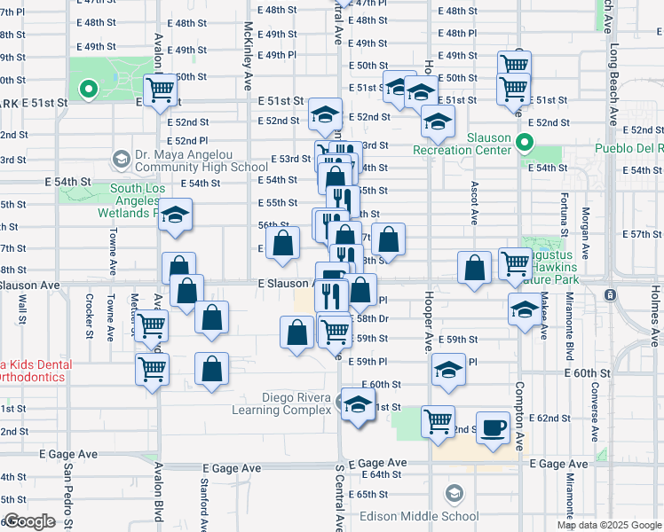 map of restaurants, bars, coffee shops, grocery stores, and more near 5801 South Central Avenue in Los Angeles