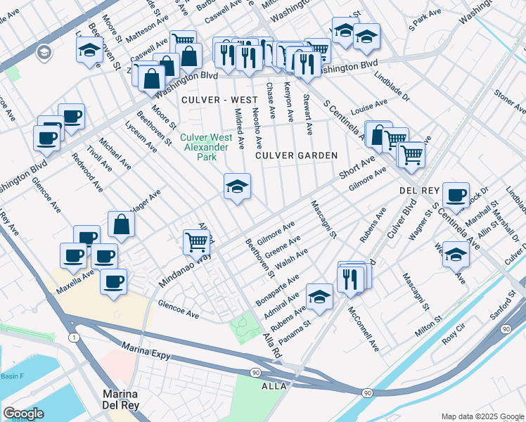 map of restaurants, bars, coffee shops, grocery stores, and more near 4373 McConnell Boulevard in Los Angeles