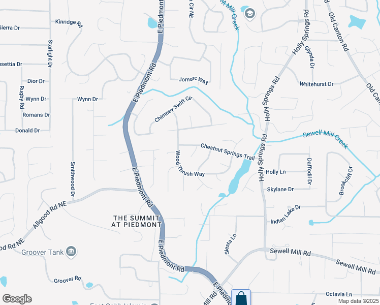 map of restaurants, bars, coffee shops, grocery stores, and more near 1477 Wood Thrush Way in Marietta