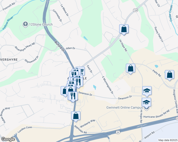 map of restaurants, bars, coffee shops, grocery stores, and more near 964 East Drive in Lawrenceville