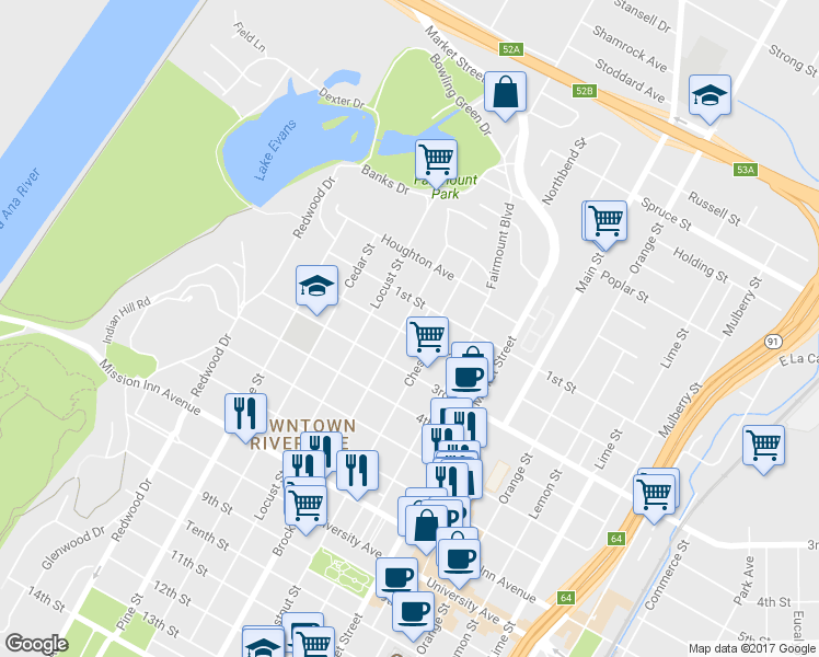 map of restaurants, bars, coffee shops, grocery stores, and more near 3198 Brockton Avenue in Riverside