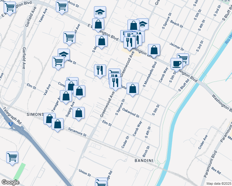 map of restaurants, bars, coffee shops, grocery stores, and more near 1220 South Greenwood Avenue in Montebello