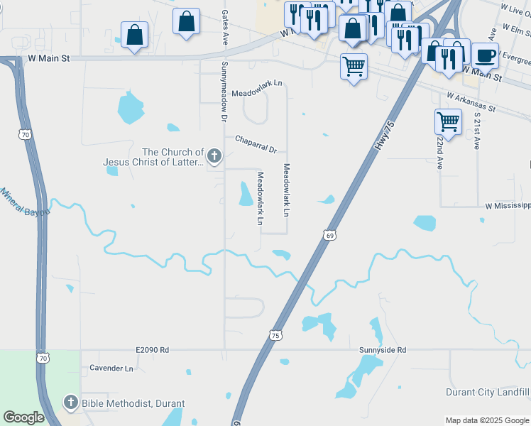 map of restaurants, bars, coffee shops, grocery stores, and more near 808 Meadowlark Lane in Durant