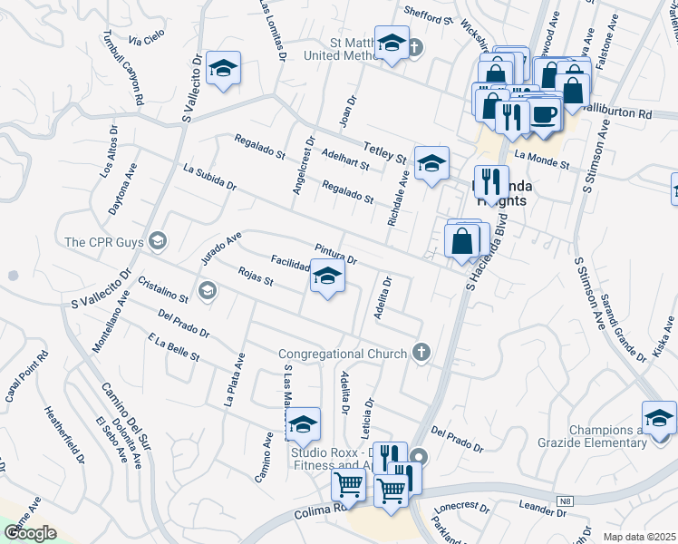 map of restaurants, bars, coffee shops, grocery stores, and more near 15605 Facilidad Street in Hacienda Heights
