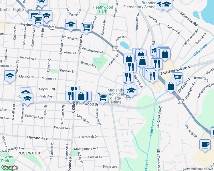 map of restaurants, bars, coffee shops, grocery stores, and more near 4225 Mimosa Road in Columbia