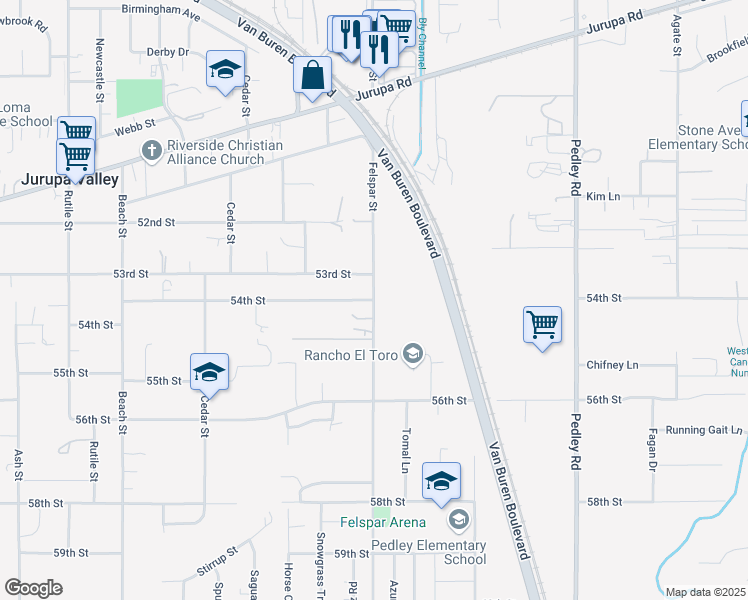 map of restaurants, bars, coffee shops, grocery stores, and more near 54th Street in Riverside