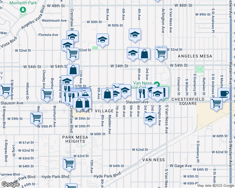 map of restaurants, bars, coffee shops, grocery stores, and more near 5730 7th Avenue in Los Angeles