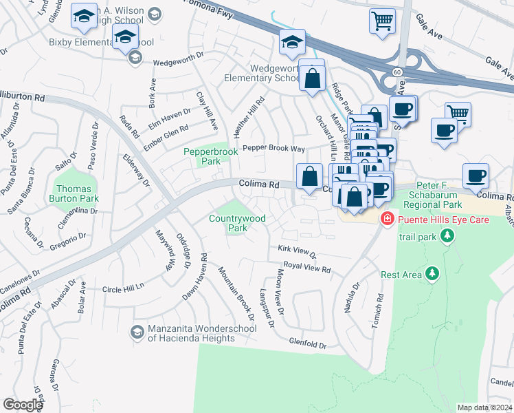 map of restaurants, bars, coffee shops, grocery stores, and more near 1861 Doverglen Way in Hacienda Heights