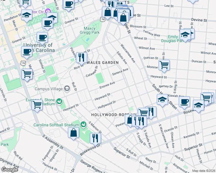 map of restaurants, bars, coffee shops, grocery stores, and more near 1722 Enoree Avenue in Columbia