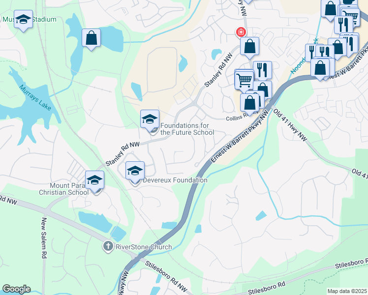 map of restaurants, bars, coffee shops, grocery stores, and more near 1447 Lady Slipper Court Northwest in Kennesaw