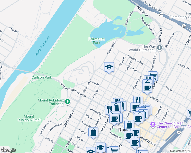 map of restaurants, bars, coffee shops, grocery stores, and more near 4478 4th Street in Riverside