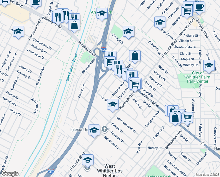 map of restaurants, bars, coffee shops, grocery stores, and more near 6128 McNees Avenue in Whittier