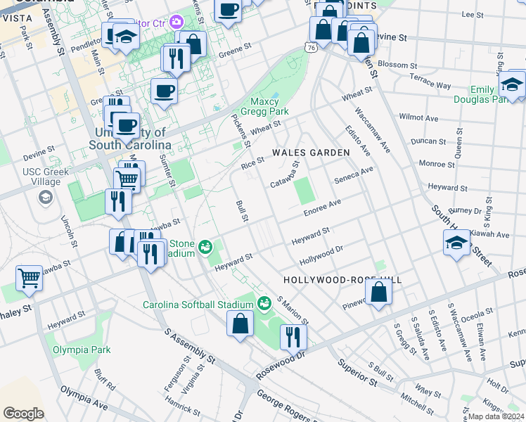 map of restaurants, bars, coffee shops, grocery stores, and more near 207 Pickens Street in Columbia