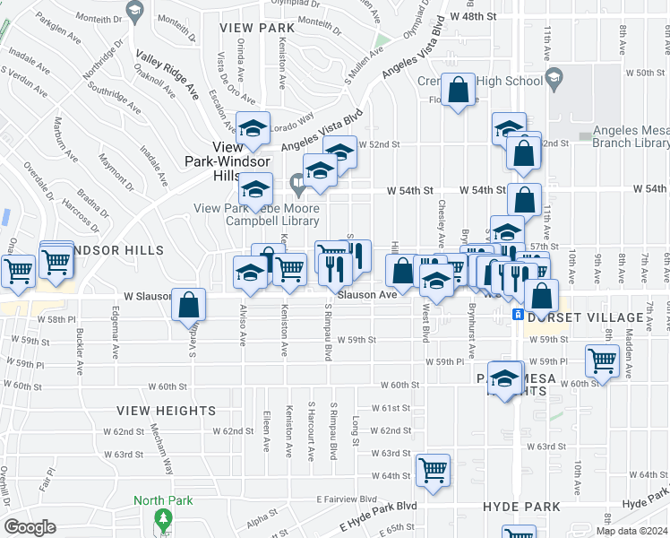 map of restaurants, bars, coffee shops, grocery stores, and more near 5728 South Rimpau Boulevard in View Park-Windsor Hills