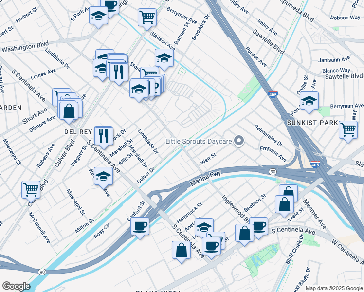 map of restaurants, bars, coffee shops, grocery stores, and more near 5102 Inglewood Boulevard in Culver City