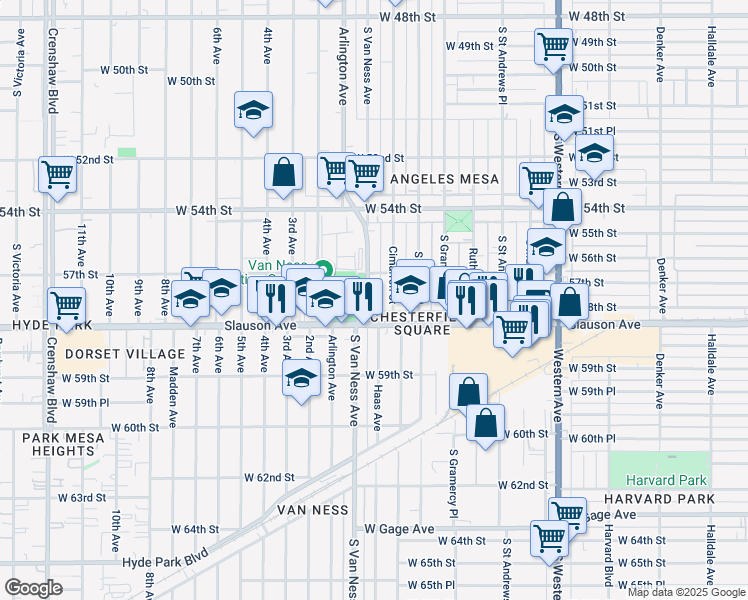 map of restaurants, bars, coffee shops, grocery stores, and more near 5730 South Van Ness Avenue in Los Angeles