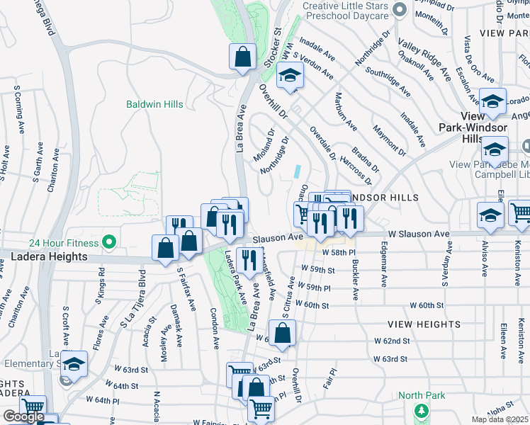 map of restaurants, bars, coffee shops, grocery stores, and more near 5627 Arch Crest Drive in View Park-Windsor Hills